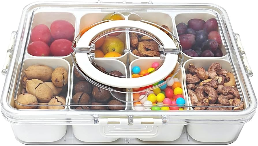 Portable Divided Serving Tray with Lid & Handle - Snackle Box Container Organizer for Fruit, Cand... | Amazon (US)