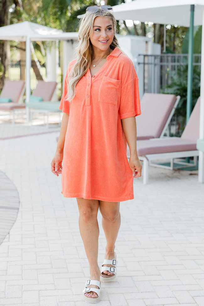 We're Better Together Coral Terry Button Front Tee Dress | Pink Lily