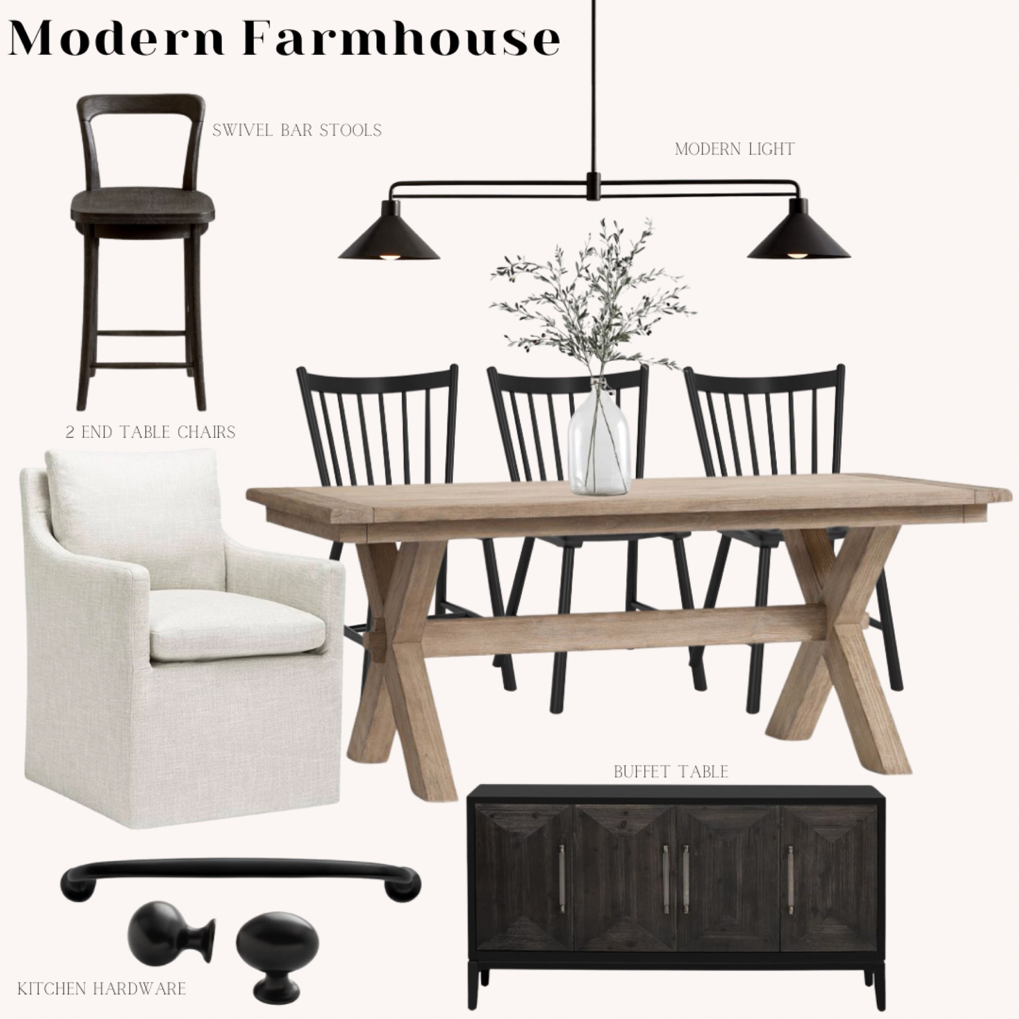 Modern farmhouse kitchen. Light, bar stools, hardware and buffet table. #home #farmhouse 

#LTKFamily #LTKSeasonal #LTKHome