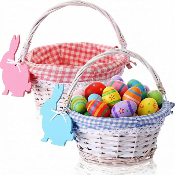 Weewooday 2 Pcs Wicker Easter Basket Tote Bags with 2 Name Tags Wooden Bunny, Easter Basket with ... | Amazon (US)