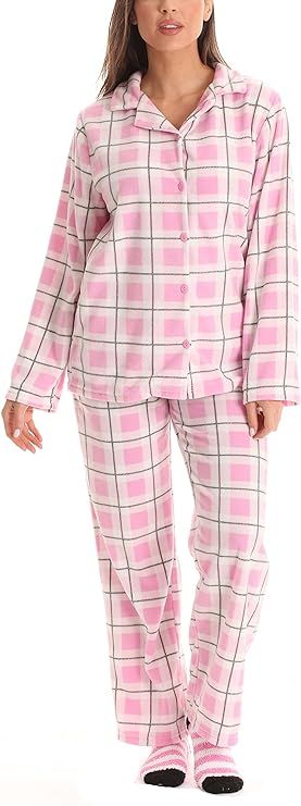 #followme Printed Microfleece Button Front PJ Pant Set with Socks | Amazon (US)