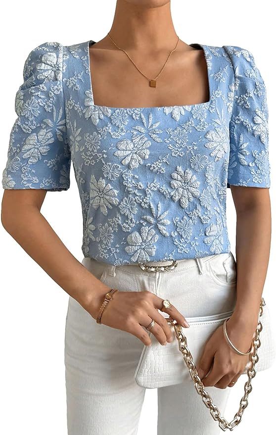 Floerns Women's Floral Jacquard Square Neck Puff Short Sleeve Blouse Top | Amazon (US)