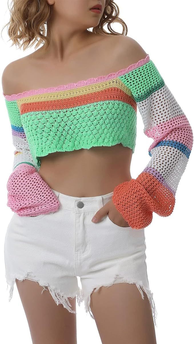 Women Crochet Top Y2k Sweater Long Sleeve Square Collar Color Block Knit Top | Amazon (US)