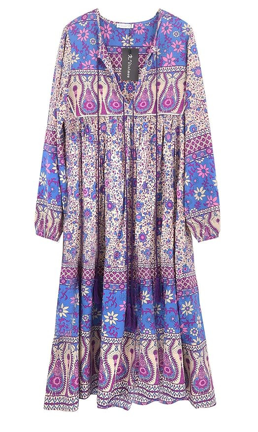 R.Vivimos Women's Long Sleeve Floral Print Retro V Neck Tassel Bohemian Midi Dresses | Amazon (US)