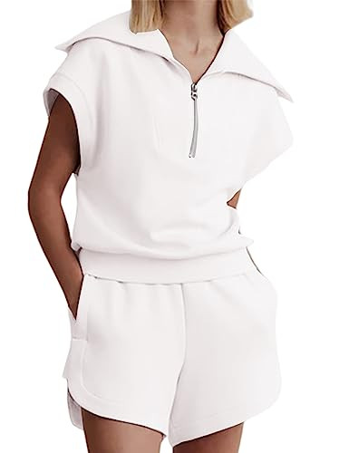 Meladyan Women Two Piece Outfits Tracksuit Half Zip Lapel Cap Sleeve Sweatshirt High Waist Drawst... | Amazon (US)