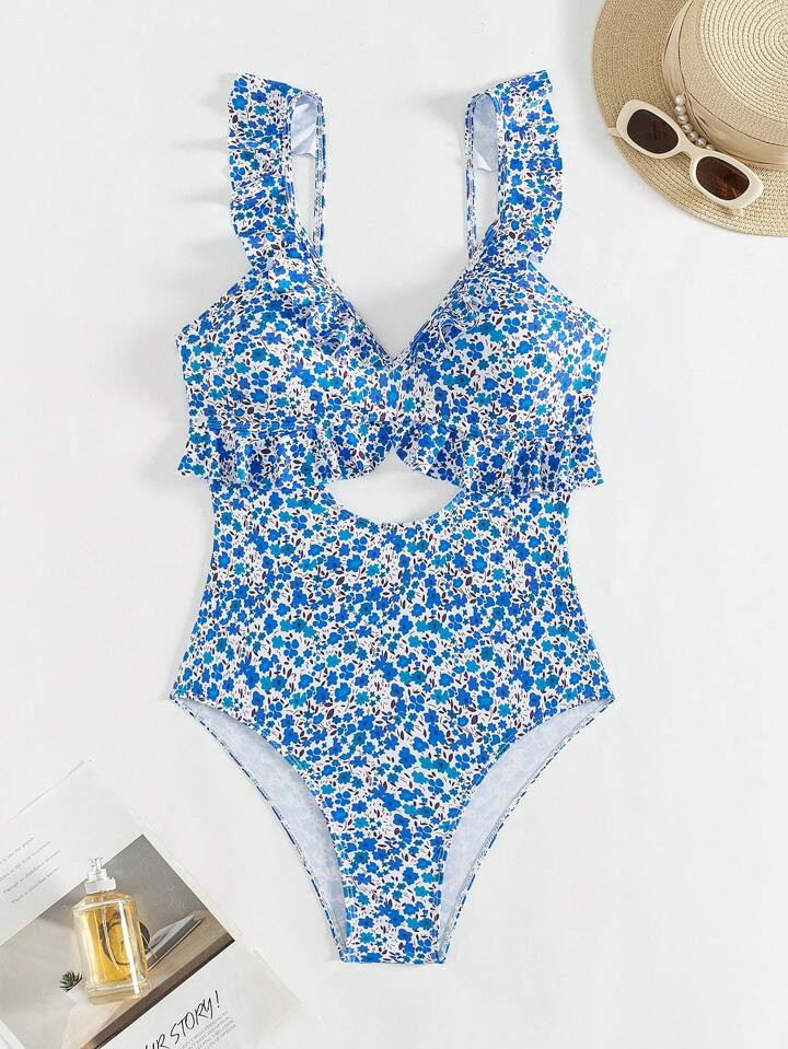 Swim Mod 1pc Ditsy Floral Cut-Out Ruffle Trim One-Piece Swimsuit, Random Print Pattern, Suitable For Beach & Holiday | SHEIN