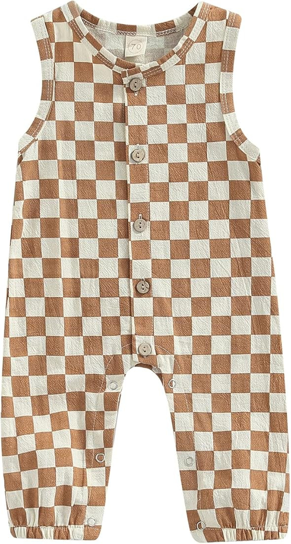 Baby Girl Boy Sleeveless Jumpsuit Button-Down Checkboard Plaid One-Piece Romper Playsuit Pants Su... | Amazon (US)