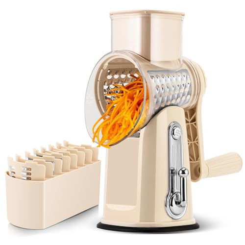 SUSTEAS Rotary Cheese Grater with Handle - Vegetable Shredder with 5 Well-designed Blades & Strong Suction Base,Round Mandoline Slicer & Food Chopper for Kitchen,with Blade Storage Box(Beige) | Amazon (US)