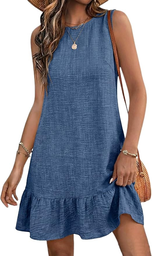 Halife Womens Casual Summer Dresses Tie Back Crew Neck Sleeveless Tank Mini Dress Ruffle Hem Flow... | Amazon (US)