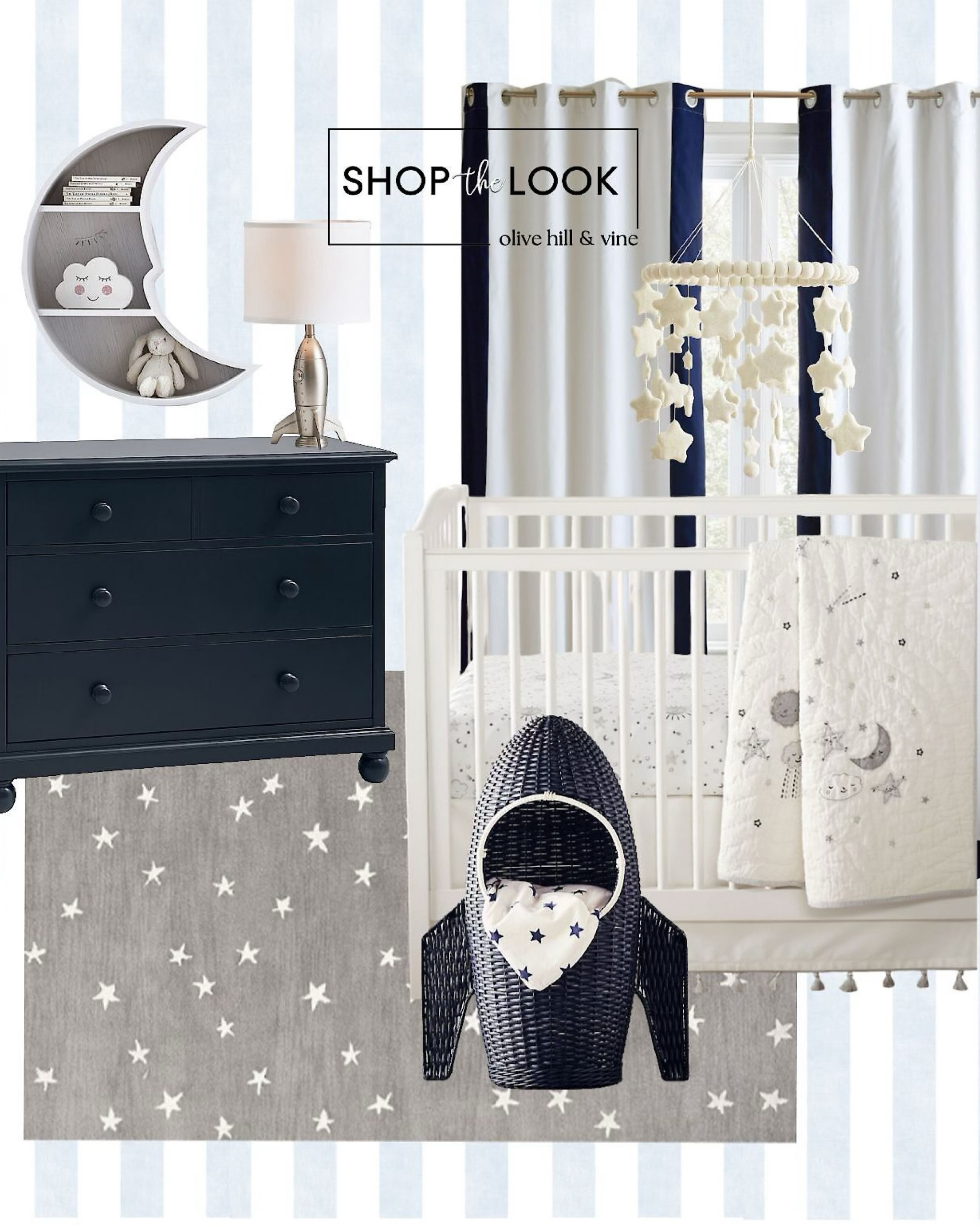 Welcome your little astronaut to a dreamy nursery where gray, white, and dark navy tones meet stellar design. Featuring a silver rocketship lamp, navy wicker rocket hamper, and felt star and moon shelf, this space bursts with cosmic charm. Add galaxy-themed rugs and bedding for a subtle celestial touch, complemented by a striped wallpaper backdrop behind the crib and dresser. Perfect for inspiring starry-eyed adventures!

#LTKKids #LTKHome #LTKBaby