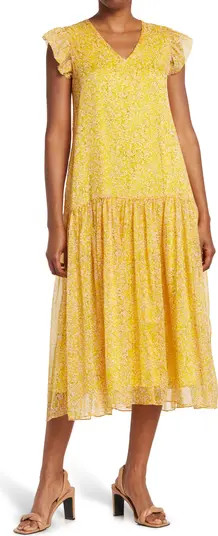 MELLODAY V-Neck Flutter Sleeve Floral Print Drop Waist Midi Dress | Nordstromrack | Nordstrom Rack