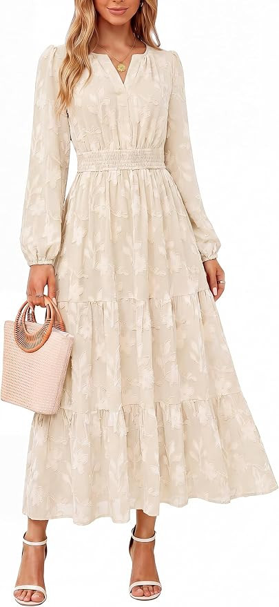 Kate Kasin Womens Long Sleeve Maxi Fall Wedding Guest Dresses with Pockets | Casual V Neck Elasti... | Amazon (US)