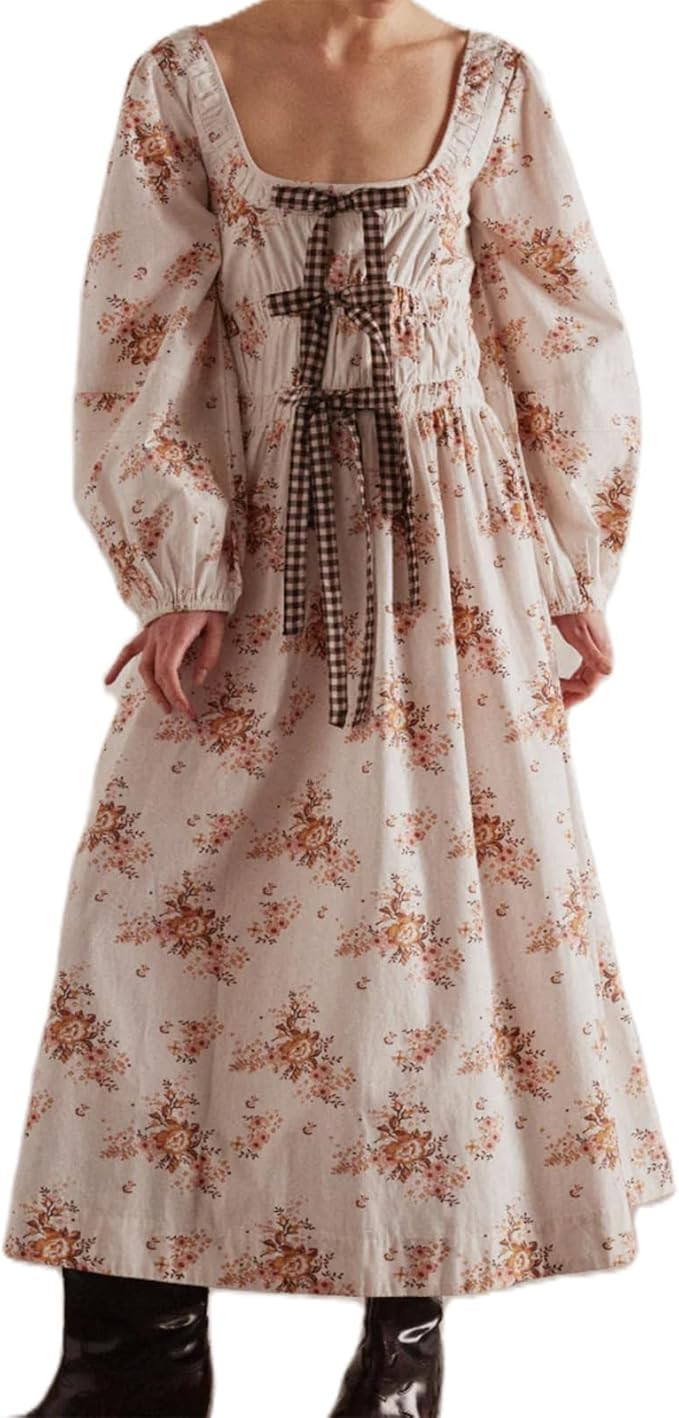 Women's 2024 Summer Boho Square Neck Front Bow Midi Dress Puff Long Sleeve Plaid Ruffle Backlass ... | Amazon (US)