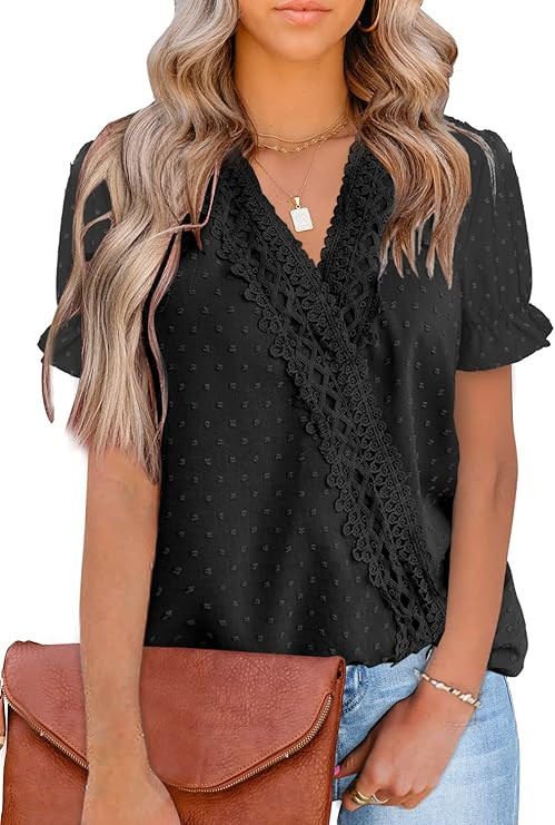 LOLONG Womens Short/Long Sleeve Tops V Neck Chiffon Blouses Dressy Casual Lace Pom Poms Shirts | Amazon (US)