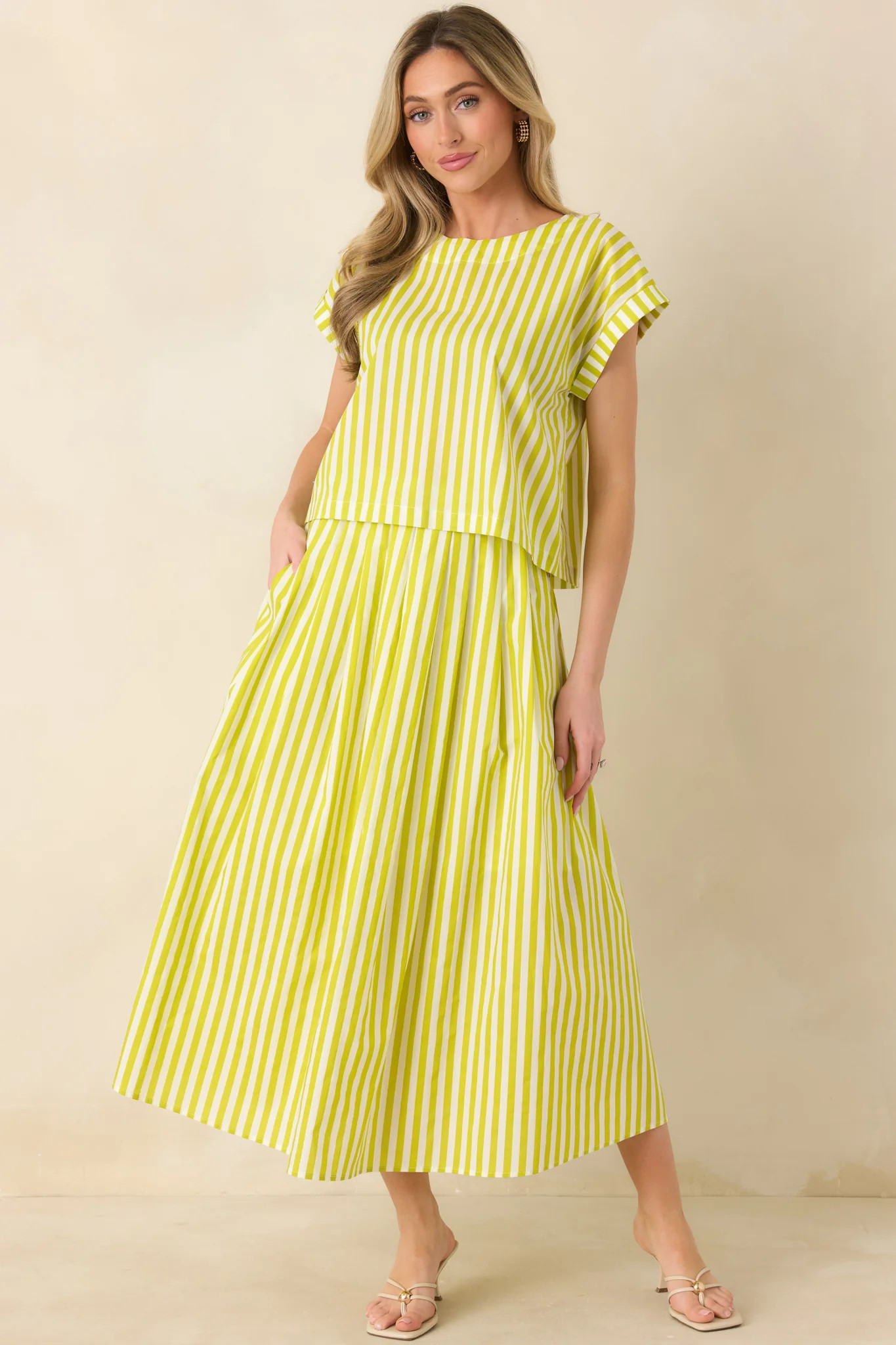 Making Moves Chartreuse Green Stripe Boxy Cotton Top | Red Dress