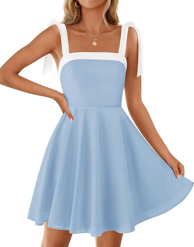 ZESICA Womens Summer Sleeveless Mini Dress Tie Shoulder Square Neck High Waist Swing A Line Short... | Amazon (US)
