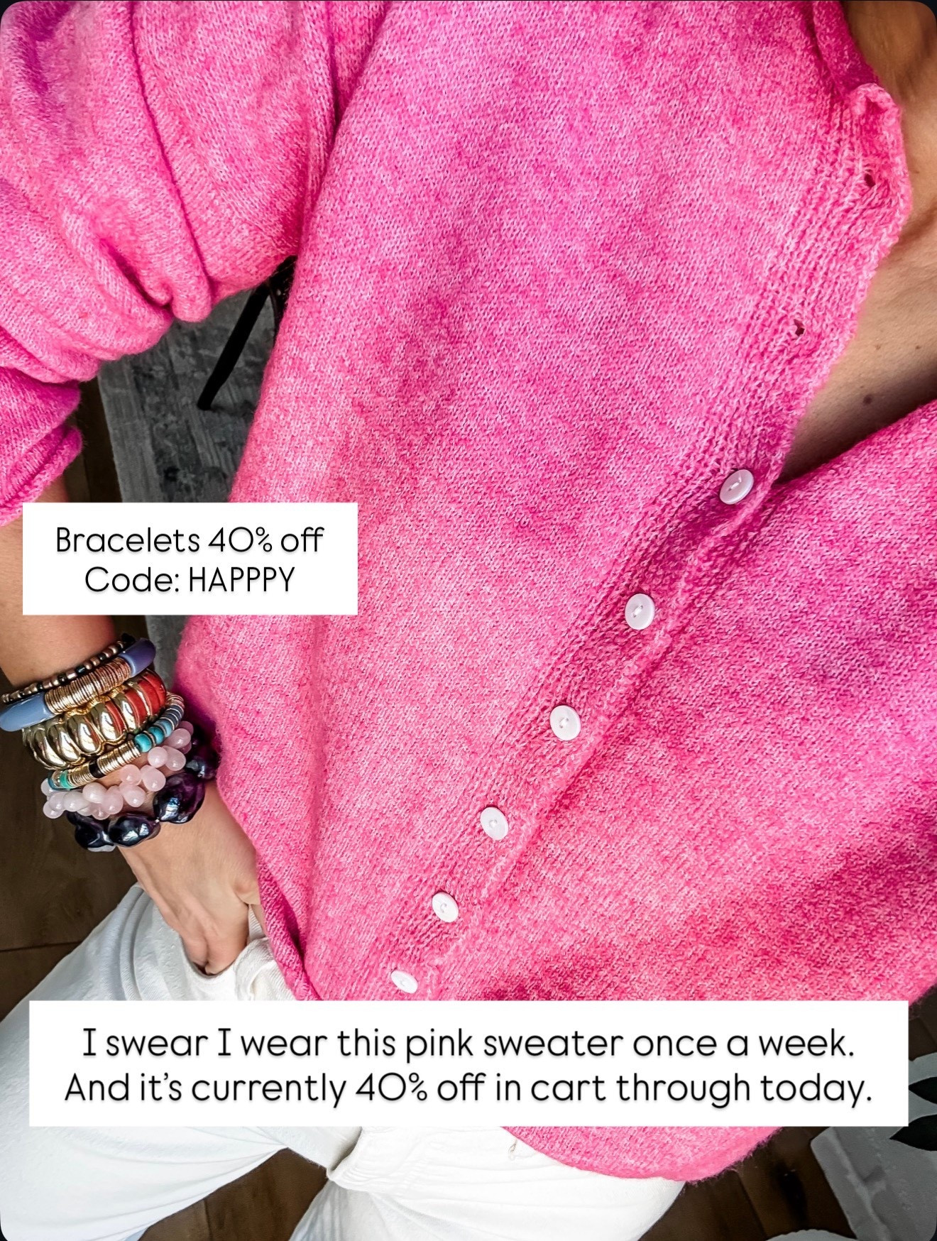Wearing small pink sweater. Bracelets code  HAPPY. Beaded bracelets, bracelet stack. Pink cardigan.

#LTKSaleAlert #LTKOver40