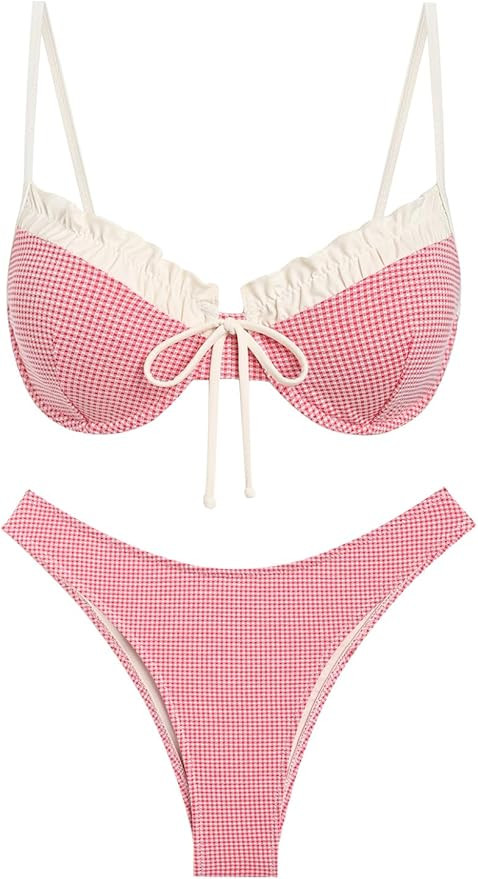 seamoly Vintage Gingham Bowknot Decor Tied Back Underwire Bikini Set | Amazon (US)