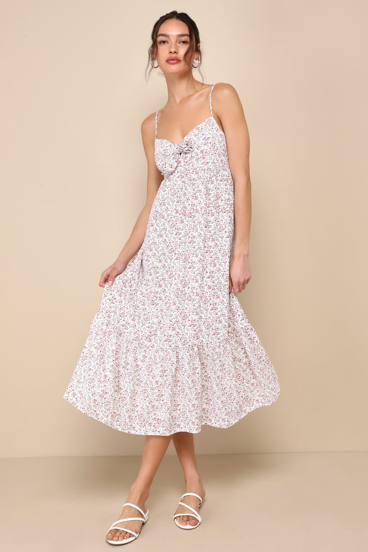 Decidedly Adorable Ivory Floral Tie-Front Tiered Midi Dress | Lulus
