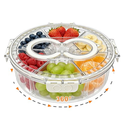 Rotating Divided Serving Tray with Lid & Handle, 6 Compartment Snack Box Container,Portable Snack Organizer for Fruits, Candy, Veggies – Ideal for Kitchen, Party, Travel, Picnic (1 Pack) | Amazon (US)