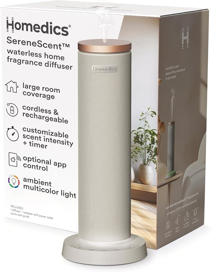 Homedics SereneScent Waterless Essential Oil Diffuser, Cordless Rechargeable Aromatherapy Diffuse... | Amazon (US)