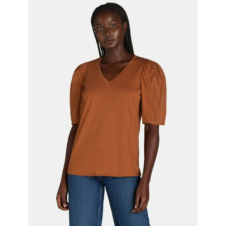 The Pioneer Woman Mixed Media Top with Puff Sleeves, Sizes XS-3X, Women’s | Walmart (US)