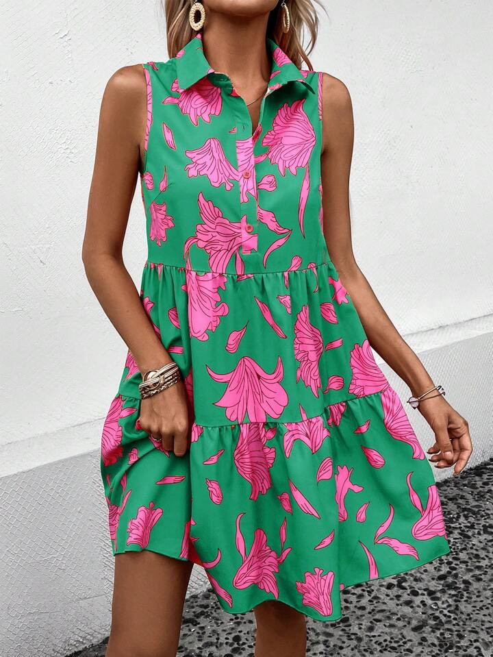 SHEIN VCAY Floral Print Ruffle Hem Smock Dress | SHEIN