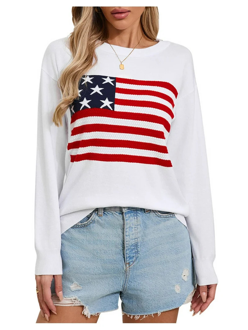 American Flag Graphic Sweaters for Women Casual 4th of July Crew Neck Sweater Long Sleeve Lightwe... | Walmart (US)