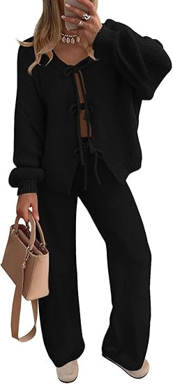 ZESICA Women's 2 Piece Outfits Lounge Pajama Sets 2026 Fall Long Sleeve Cardigans Wide Leg Pants ... | Amazon (US)