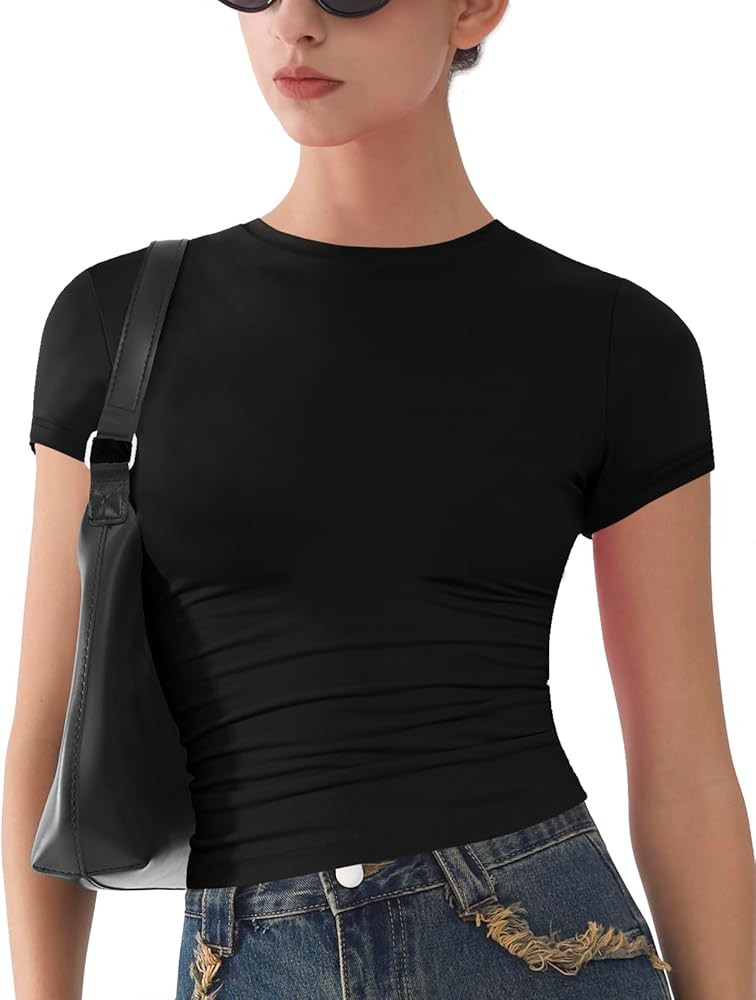 Womens Basic Short Sleeve Slim Fit T Shirts Soft Crewneck Crop Y2k Tees Summer Stretchy Cute Tops | Amazon (US)