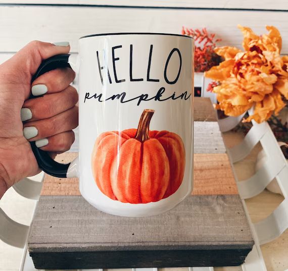 Hello Pumpkin Fall Mug - Hello Pumpkin 15 Oz Mug - Hello Pumpkin Mug with black inside and handle | Etsy (US)