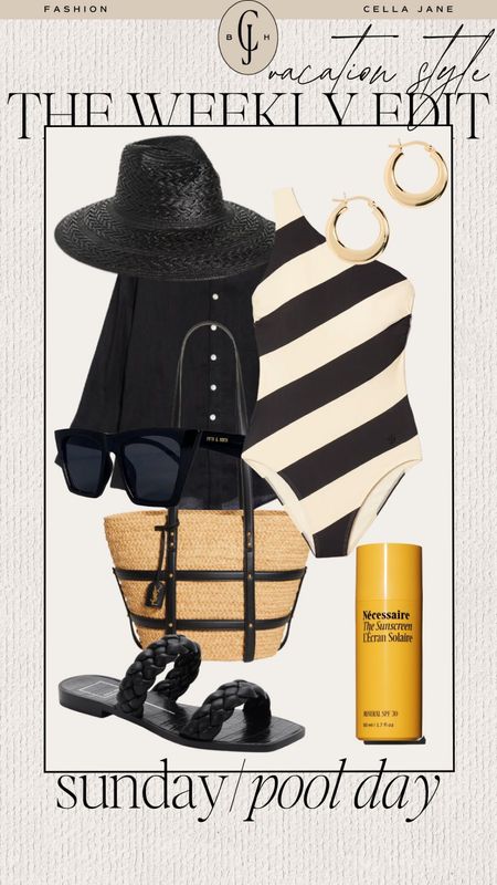 Cella Jane weekly edit vacation style. For any warm weather trips you might be taking soon. Sunday by the pool. Striped swimsuit, coverup, hat, straw tote, sandals, sunscreen  

#LTKstyletip #LTKswim #LTKtravel