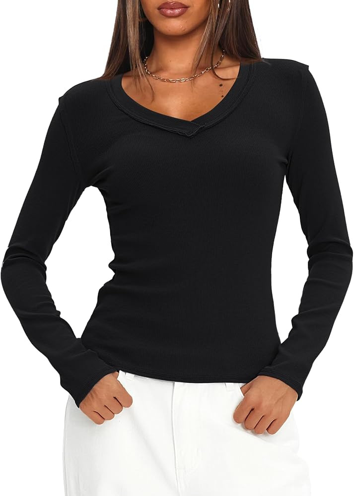 Darong Long Sleeve Tshirts for Women Fall Fashion V Neck Basics Crop Tops Slim Fitted Y2K Tops Ri... | Amazon (US)