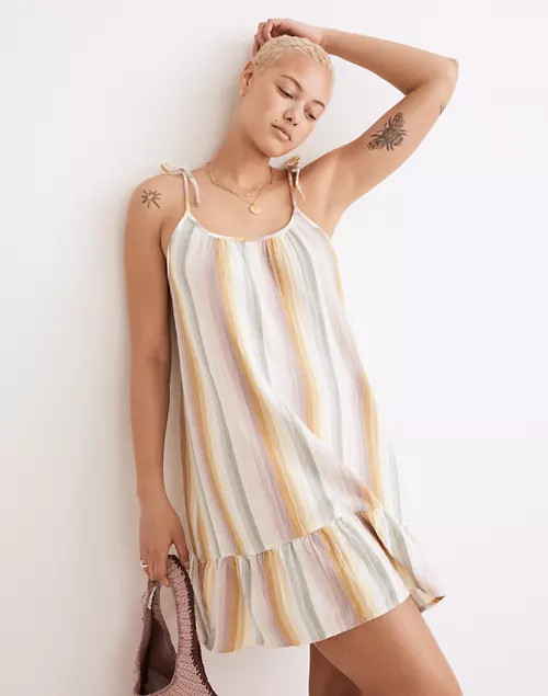 Lightestspun Tie-Strap Ruffle-Hem Cover-Up Dress in Rainbow Stripe | Madewell