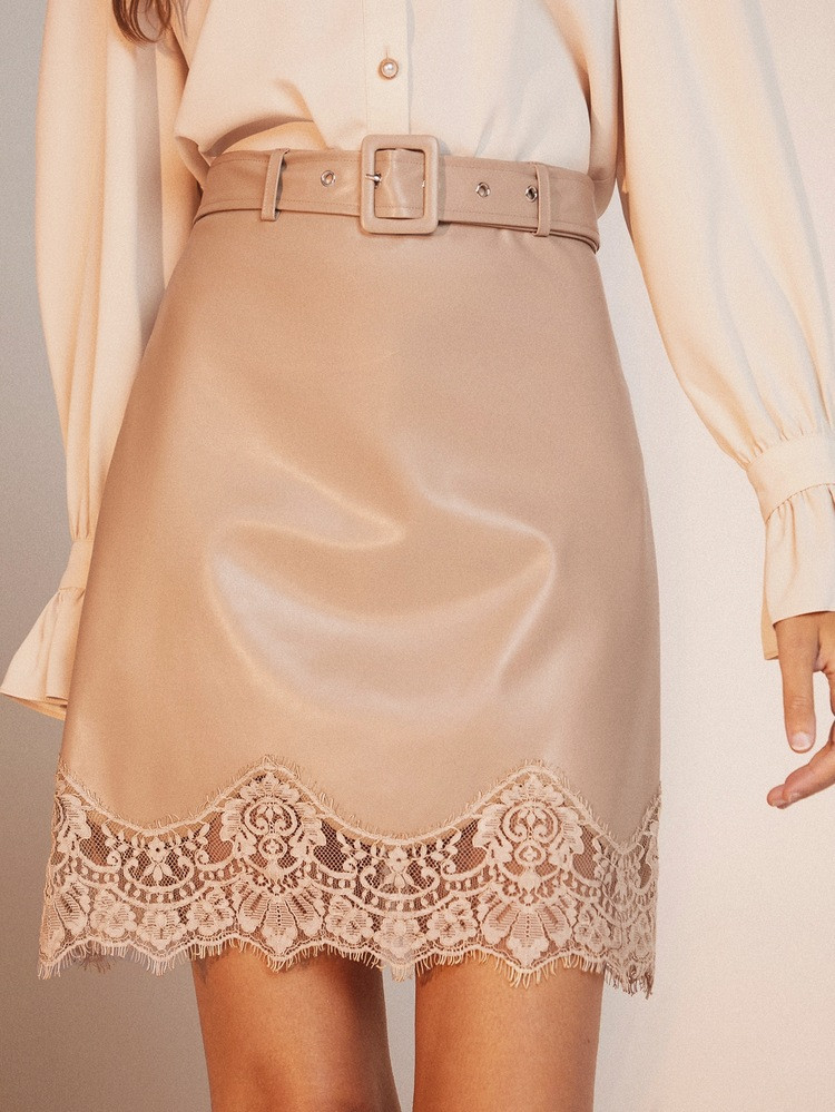 SHEIN BIZwear Contrast Lace Belted PU Leather Skirt | SHEIN