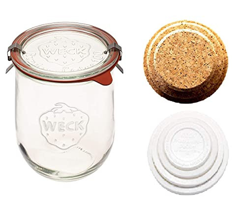 WECK - 745 Weck Tulip Jar 1 Liter - Sour Dough Starter Jars - Large Glass Jar for Sourdough - Tulip Jar with Wide Mouth - Suitable for Canning and Storage - (1 Jar, Glass Lid, Cork Lid, & Keep Fresh Lid) | Amazon (US)