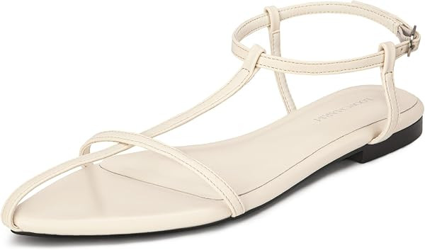 Women's Flat Sandals Pointed Open Toe T-Strap,White Pu,9 | Amazon (US)