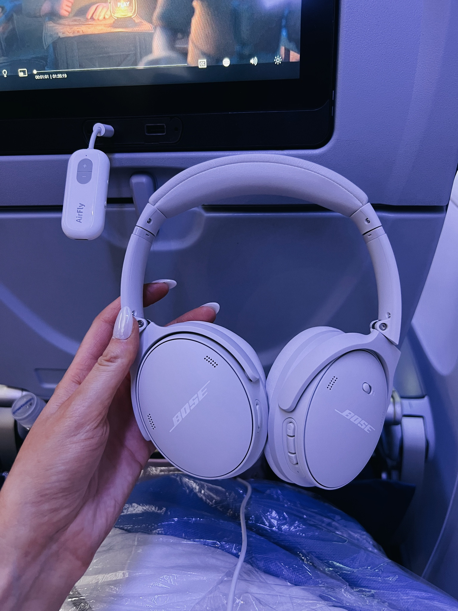 Wireless Bluetooth headphones and Airfly! I bought these both during Amazon Prime day and they were the best purchases for my flight to Europe 🤝🏼 I chose these headphones over the AirPod Maxes because they’re so comfortable and stayed on my head better 

#LTKtech

#LTKTravel #LTKSaleAlert #LTKActive