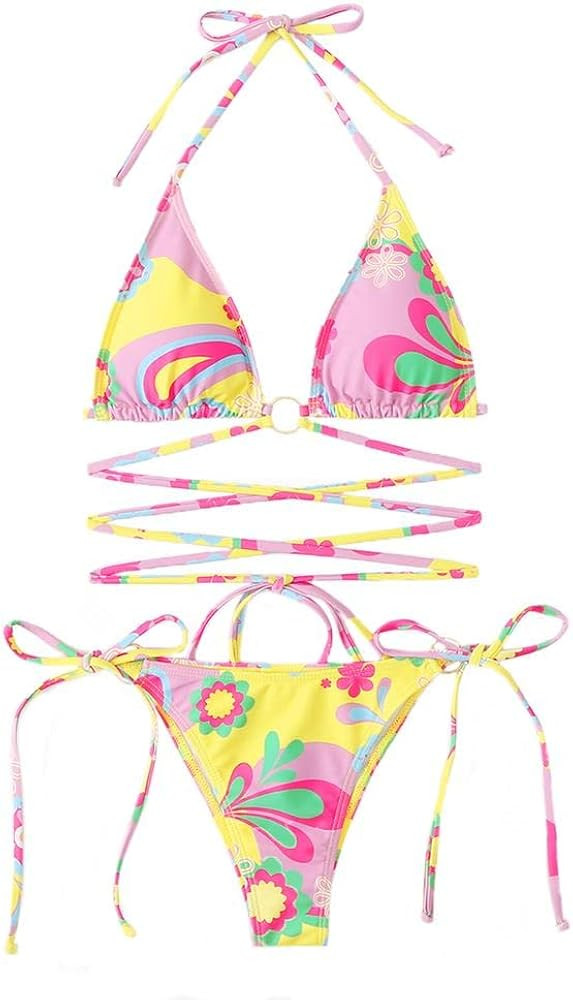 MOXILYN Sexy Floral Print Bikini Sets High Cut String Cute Swimwear 2 Piece Underwire Bathing Sui... | Amazon (US)