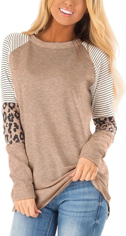Women Long Sleeve Top Tunic Blouse Round Neck Leopard Print Color Block Stripe Casual T Shirt Top... | Amazon (US)