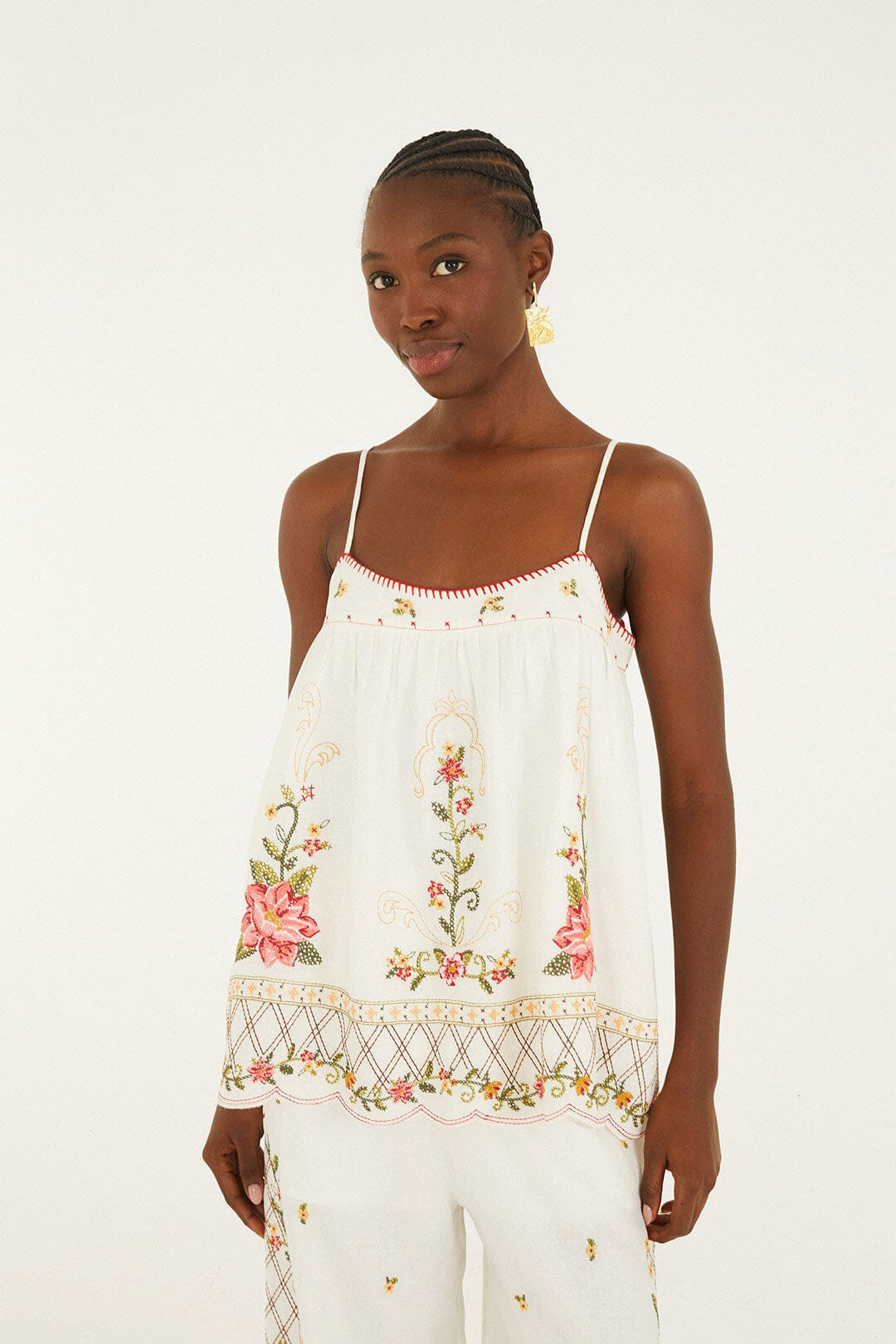 Off-White Flower Embroidery Open Back Sleeveless Blouse | FARM Rio | FarmRio (US)