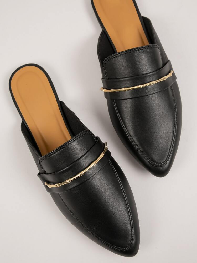 Faux Leather Gold Accessory Pointed Toe Notched Flat Mules | SHEIN