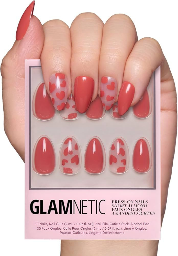 Glamnetic Press On Nails - Love Me | Glossy, Semi-Transparent, Short Almond Red Heart Nails, Salo... | Amazon (US)