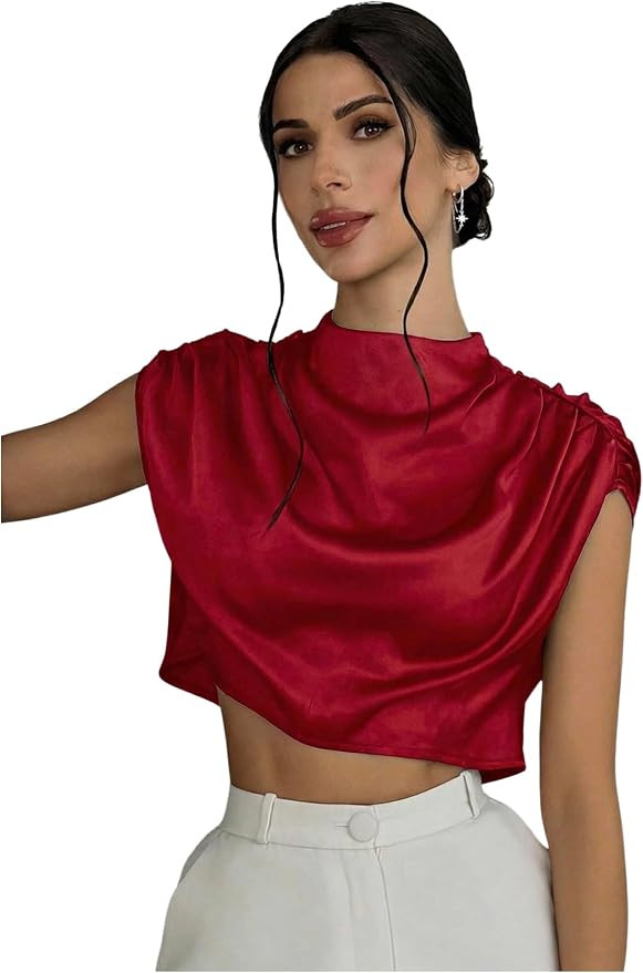 OYOANGLE Women's Summer Satin Work Blouse Silk Dressy Business Top Shirts | Amazon (US)