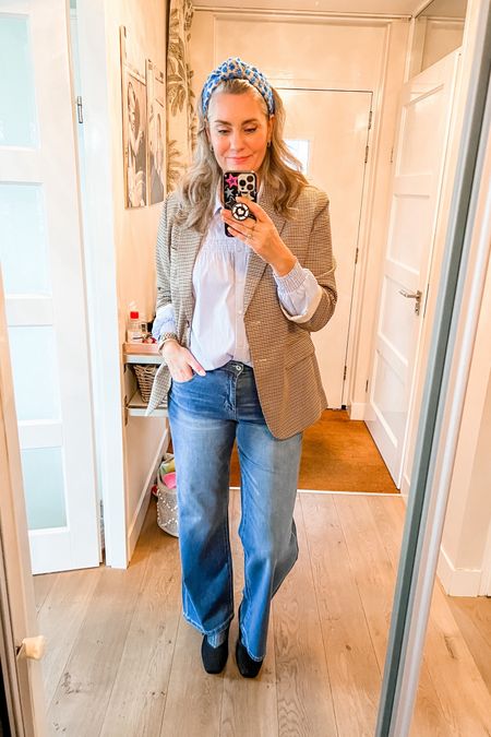Ootd - Friday. Wearing a blue striped shirt and wide leg jeans from Norah paired with an H&M blazer. Blue and beige headband and metallic socks and Mary Jane shoes. 

#LTKeurope #LTKmidsize #LTKover40
