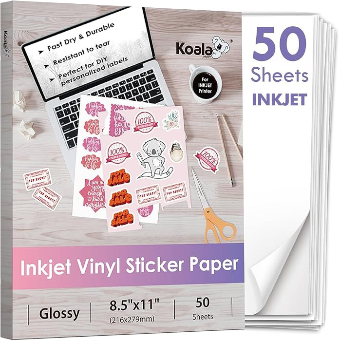 Koala Vinyl Sticker Paper for Inkjet Printer, Waterproof Glossy 50 Sheets | Amazon (US)
