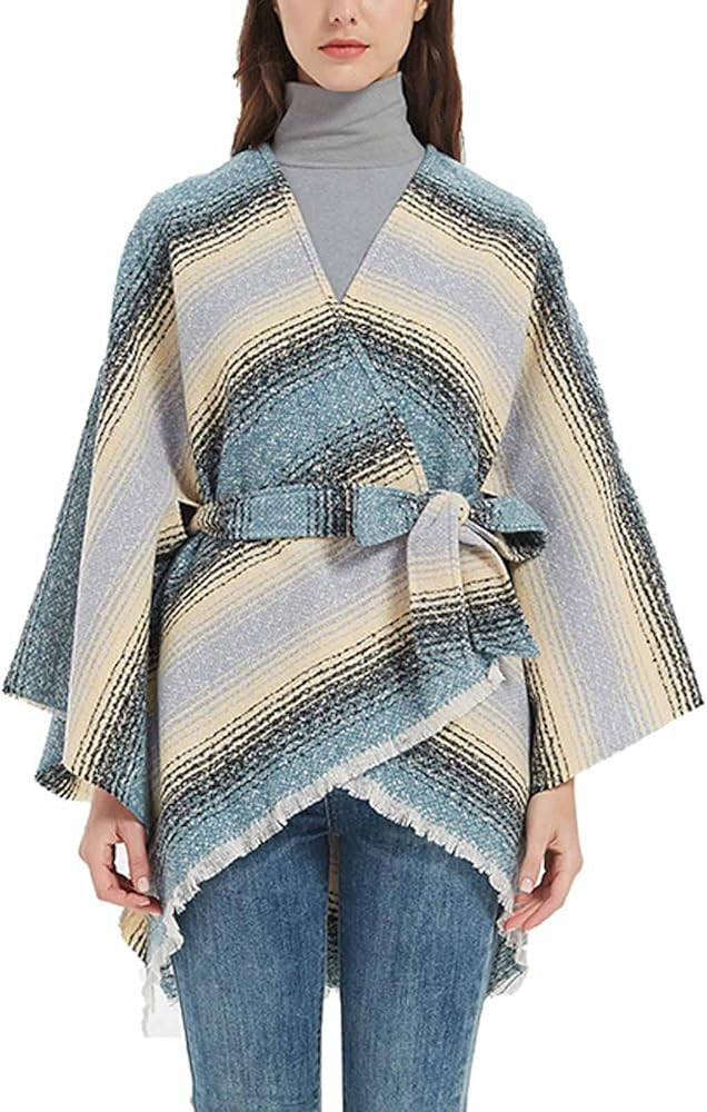 Women's Plaid Shawl Wrap Poncho Ruana Cape Knit Sweater Open Front Kimono Cardigan with Belt for ... | Amazon (US)