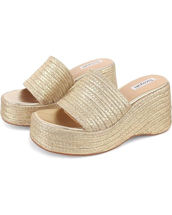 Tscoyuki Slip On Platform Sandals for Women Espadrilles Jute Raffia Wedge Sandals Bohemia Flatfor... | Amazon (US)