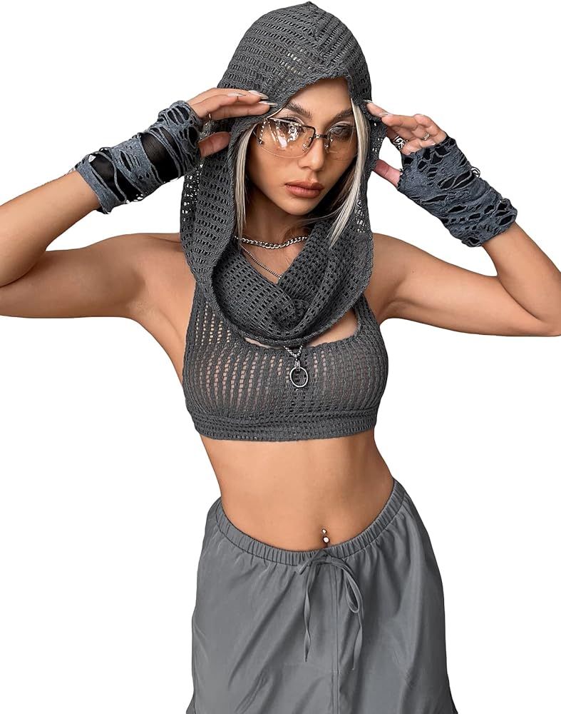 Verdusa Women's Tie Backless Cut Out Sleeveless Knit Hooded Crop Halter Top | Amazon (US)