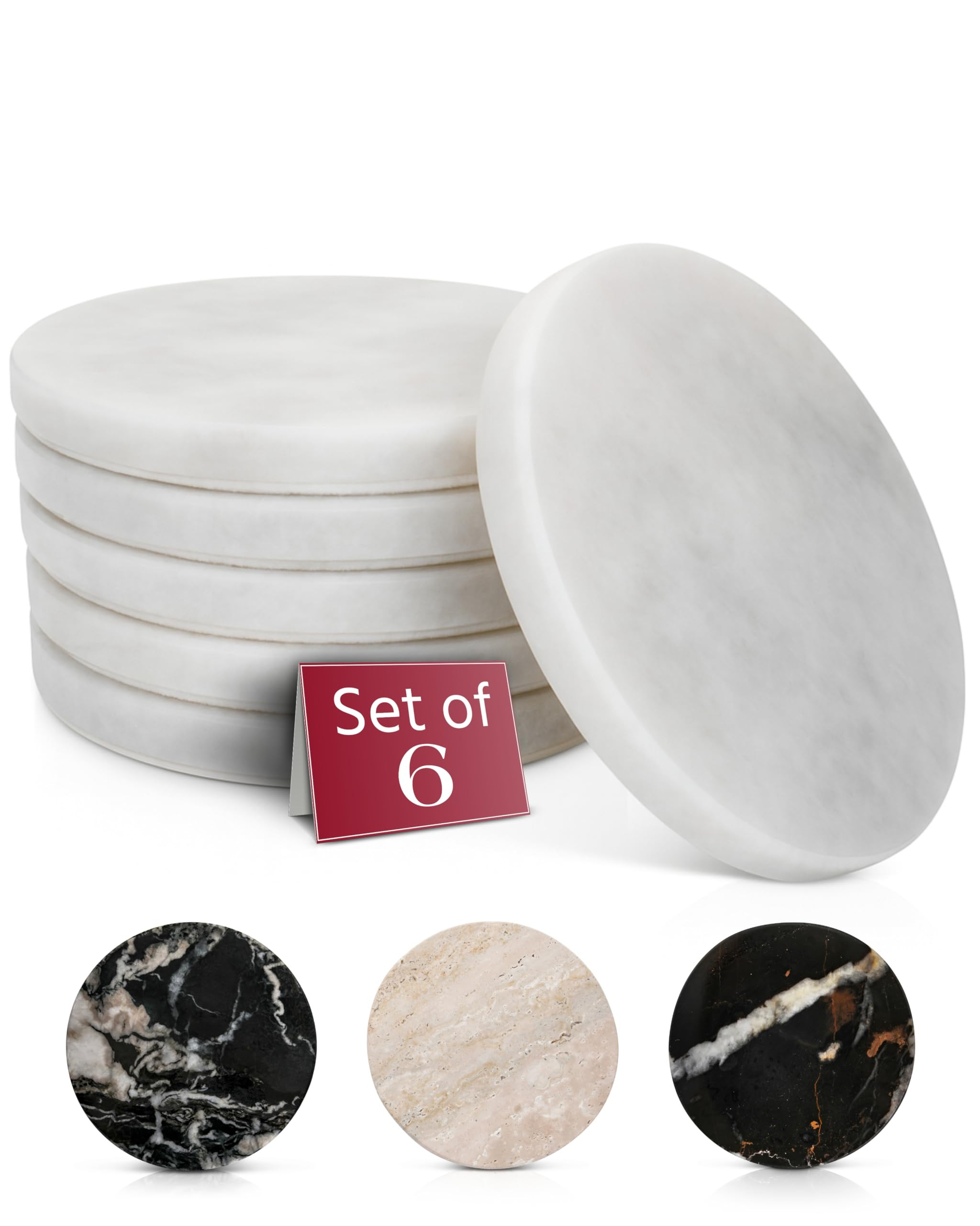Gusto Nostro White Marble Coasters Set of 6 with Non-Slip Backing - Luxury Natural Stone Coasters... | Amazon (US)